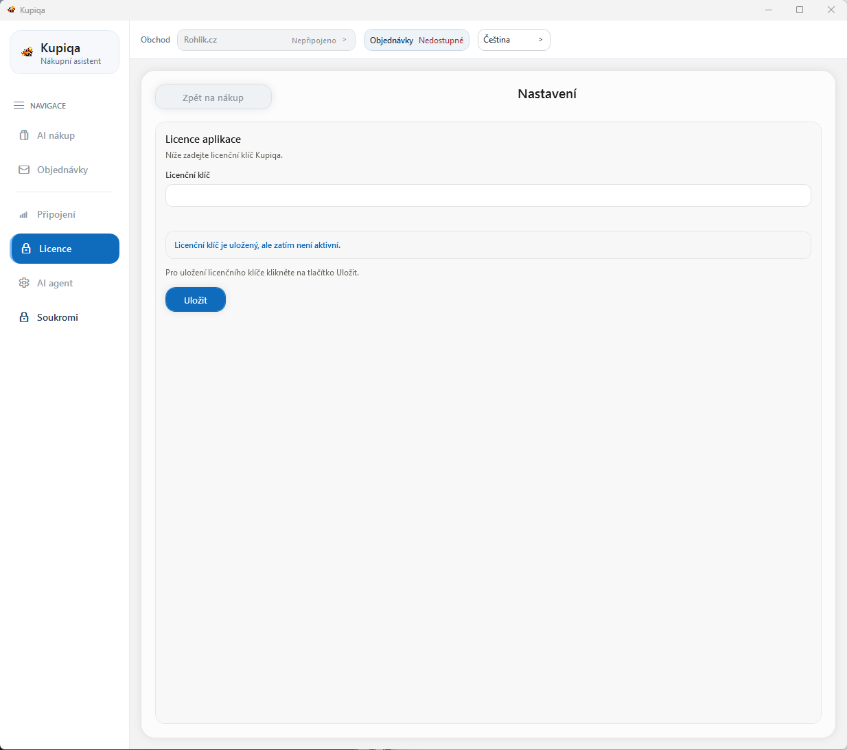 Kupiqa Desktop na stránce Licence s polem pro licenční klíč a tlačítkem Uložit